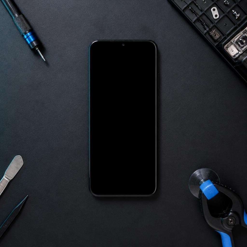 Troca de tela — smartphone com vidro estilhaçado depois do reparo