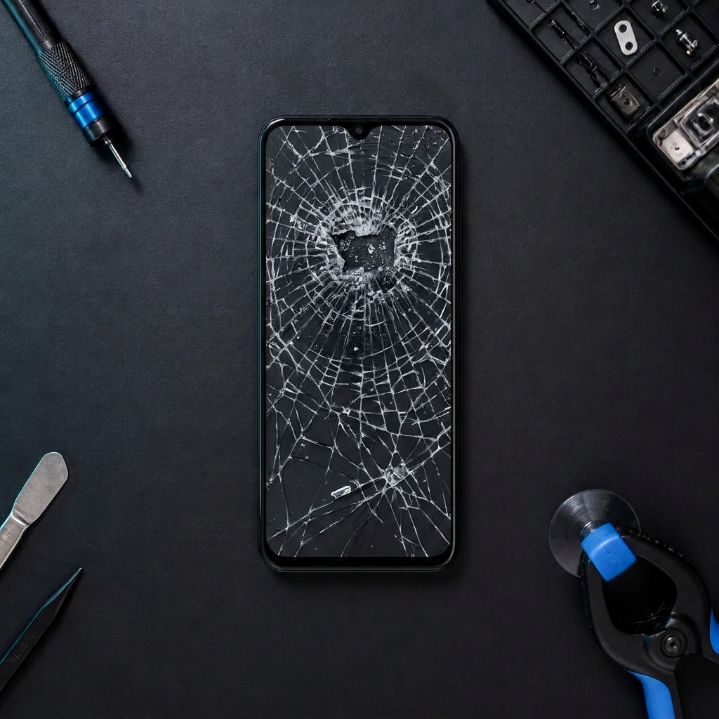 Troca de tela — smartphone com vidro estilhaçado antes do reparo