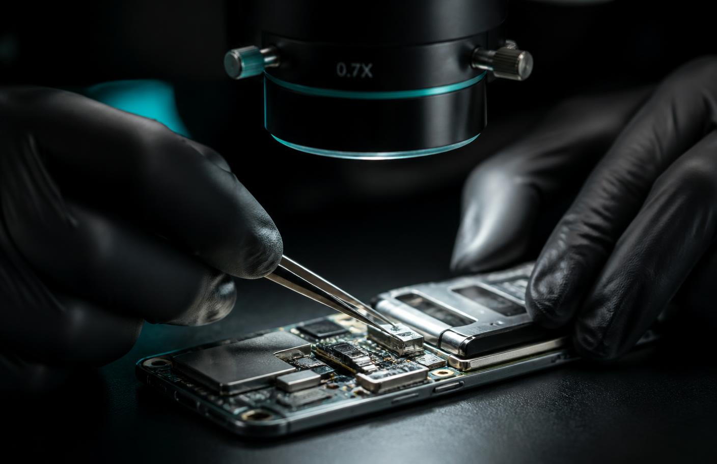 Técnico da CDK em reparo avançado de placa sob microscópio