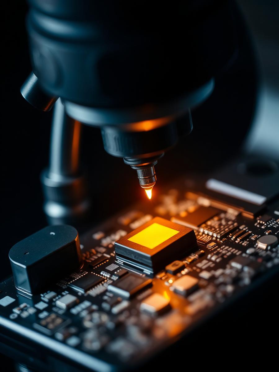 Microssoldagem em placa de smartphone sob microscópio